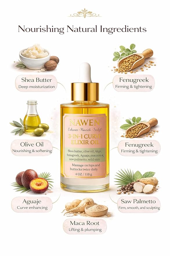 Hips & Buttocks Massage Oil with Fenugreek, Aguaje & Maca Root – Curve Enhancement (2 Ounces)