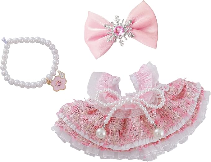 17cm Doll Clothes Set & Doll Outfit Set 3-Piece Handmade with Faux Pearl Bow, Necklace & Hair Accessory – Fit for 17cm Plush Dolls, Clothes Only