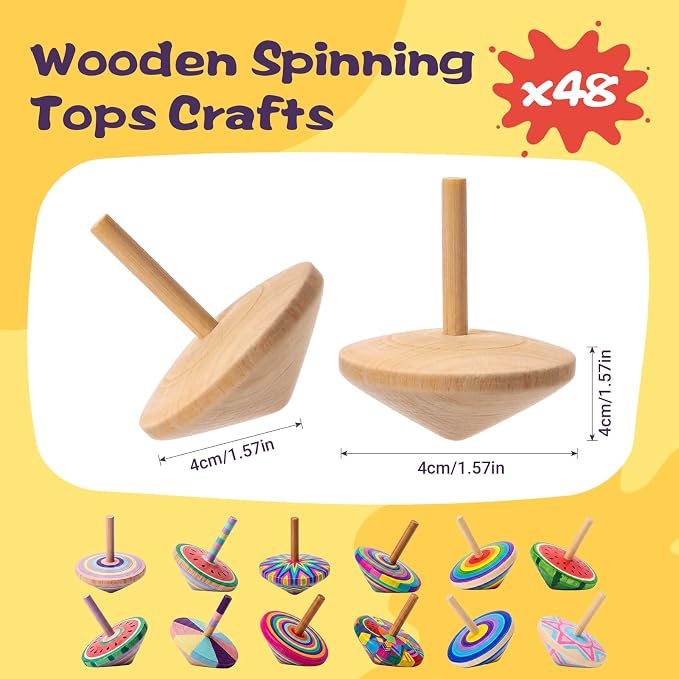DoubleFill 48 Pcs Bulk End of Year Student Gifts, DIY Unfinished Wooden Spinning Tops for Kids End of Year Craft Kit Teacher to Student Gifts Art Supplies for Classroom Activities Party Favor