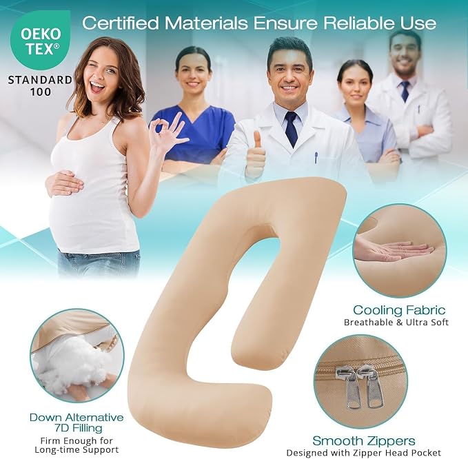 Sasttie Pregnancy Pillows for Sleeping, Jumbo U Shaped Cooling Full Body Pillow with Removable Cover, Pregnant Women Must Haves, Maternity Essential, Beige