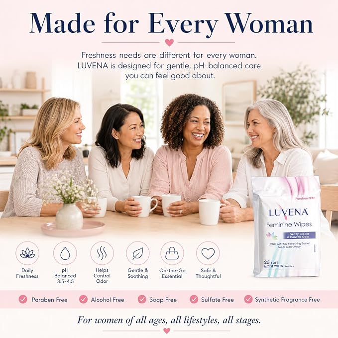 Luvena Soft Feminine Wipes for Women Cucumber Scented 25 Count Pack of 1 | pH balanced hypoallergenic cleansing cloths with aloe vera and natural enzymes, dermatologist tested and paraben free