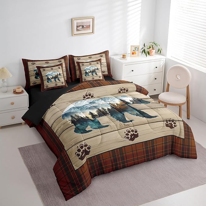 Feelyou Rustic Bear Comforter Set with Sheets Wild Animal Bear Full Size 7 Piece Bedding Set Kids Boys Girls Hunting Theme Bed in a Bag Rustic Cabin Country Room Decor