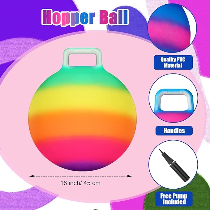 Poen 3 Pcs 18 Inch Hopper Inflatable Bouncy Ball with Handle Hippity Hop PVC Jumping Hopping Ball with 1 Air Pump for Kids Toddler Boys Girls Gifts Games(Multicolor)