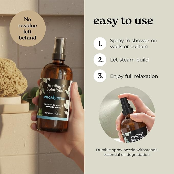 Healing Solutions Aromatherapy Shower Spray, Eucalyptus, 4oz, Therapeutic Grade Essential Oils, Made in the USA, At Home Spa Experience