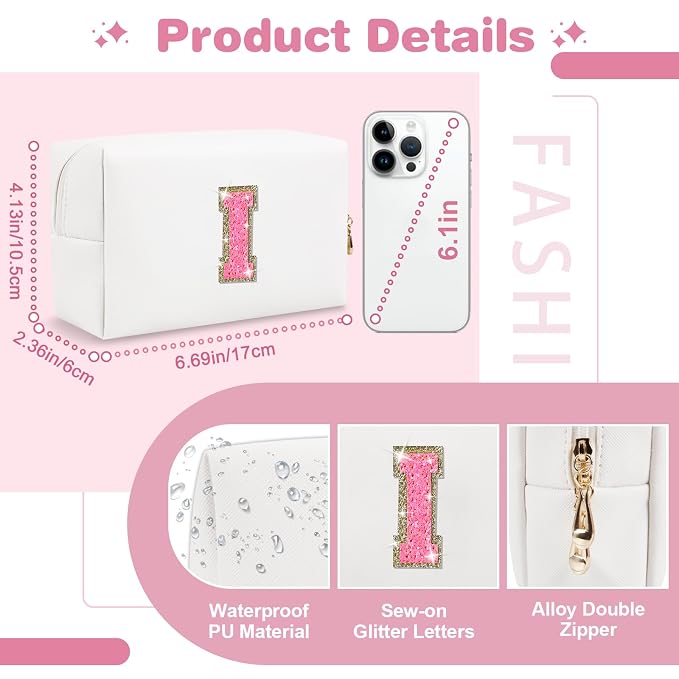 Small Personalized Initial A-Z Patch Makeup Bag,White Cute PU Leather Glitter Letter Cosmetic Bag for Teen Girls,Travel Toiletry Bag with Zipper,Preppy Monogrammed Birthday Gift for Daughter Niece I