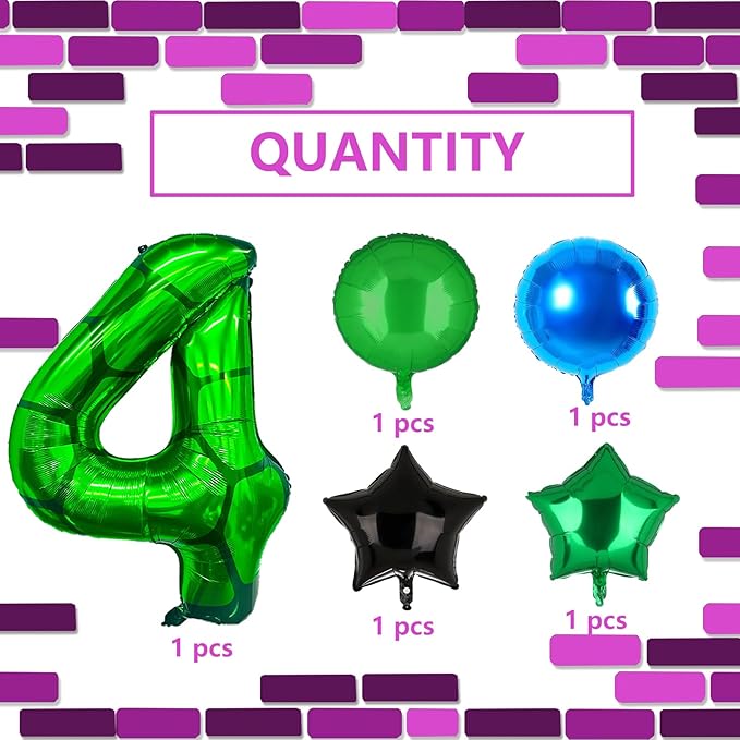5Pcs Cartoon Turtle Theme Birthday Decorations 40 Inch Number 4 Foil Balloons Super Green Turtle Themed Hero Large Mylar 4th Number Balloon Video Game Party Favors Blue