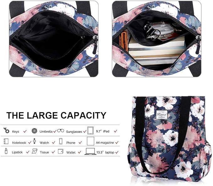 KAMO Floral Tote Bag - Waterproof Lightweight Handbags Travel Shoulder Bag for Hiking Yoga Gym Swimming Travel Beach