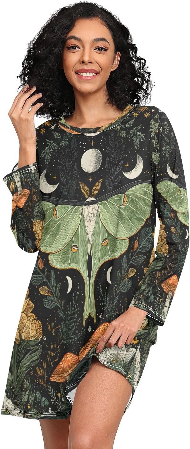 ALAZA Long Sleeve Nightgowns for Women Green Moth Forest Floral Moo Moos Sleep Shirts Moomoo House Dresses Sleepwear