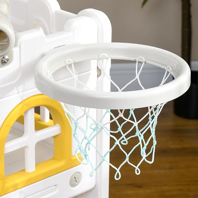 Qaba 5 in 1 Toddler Slide, Indoor Kids Slide for 1-3 Years Old, Climber Freestanding Playset with Basketball Hoop, Telescope & Storage Basket, Yellow