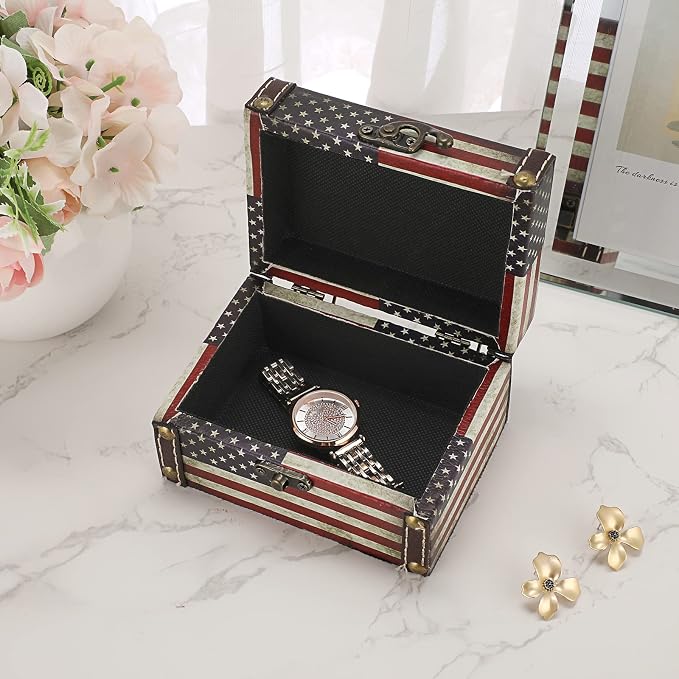 Hipiwe American Flag Treasure Chest Box Wooden + PU Leather Jewelry Boxes | Vintage Decorative Jewelry Trinket Box Memento Box Small Keepsake Boxes Gifts