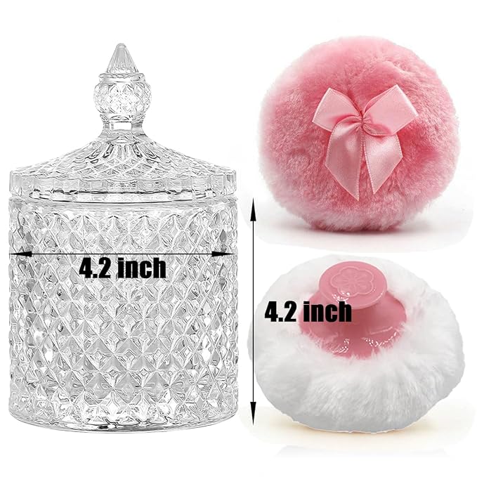 Luxury 4.2 Inch Glass Powder Container with 2 Plush Puffs｜Non-Sealed Refillable Organizer for Body Powder&Makeup｜Setting Powder Applicator w/ Loose Powder Storage(Pointed Cylinder-Clear-Large)
