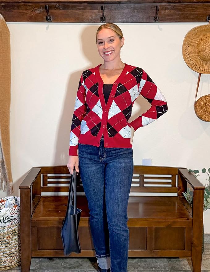 GRACE KARIN Womens Cardigan Sweater Fall Fashion Argyle Sweater Button Up Cardigan Teacher Outfits Preppy Clothes