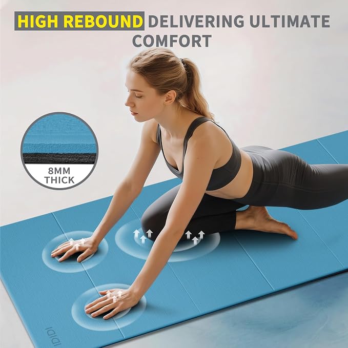 Foldable Extra Large Yoga Mat 74"×31.5", 8mm Double-Sided Non Slip Lightweight Fitness Mat for Man & Woman, Portable for Home Studio & Travel