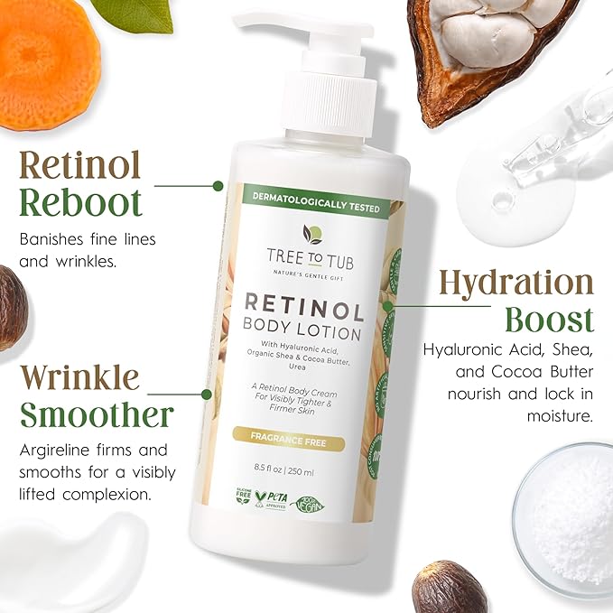 Tree To Tub Retinol Body Lotion - Hydrating Body Cream, Advanced Firming Cream w/Hyaluronic Acid & Shea Butter, Fragrance-Free Body Lotion for Crepey Skin for Older Women & Men