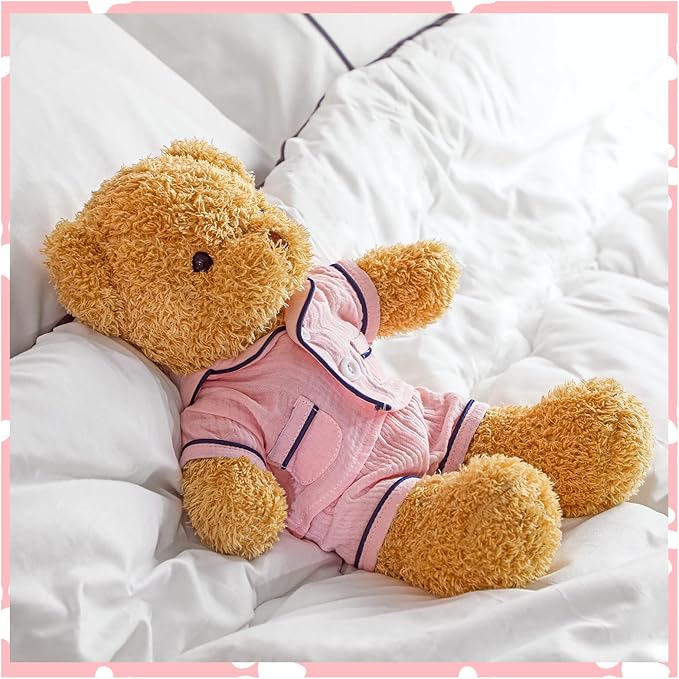 Hungdao 2 Sets Bear Clothes Stuffed Animal Accessories Pink and Blue Bear Pajamas Clothes Double Layer Muslin Short Sleeve Top and Bottom Pajamas Fits Most 14-18 Inch