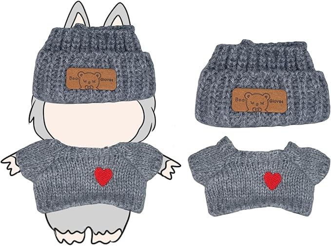 17cm Doll Clothes(NO Doll), Cute Dolls Outfit Accessories with Gray Sweater & Knit Hat Small Kawaii Clothes Set for Dolls (Style 7)