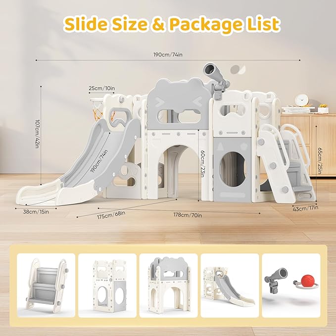 Toddler Slide Indoor, 8 in 1 Indoor Playground for Kids 1-3 Toddler Playset with Climber, Basketball Hoop, Tunnel and Storage Space Kids Outdoor Slide Playset (Grey)