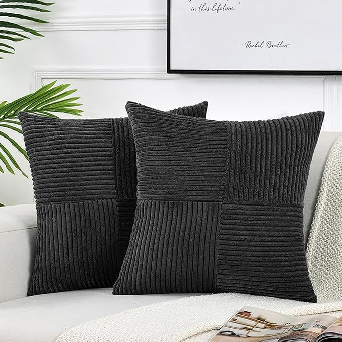 Fancy Homi 2 Packs Black Samll Decorative Throw Pillow Covers 12x12 Inch with for Couch Bed Sofa, Rustic Farmhouse Boho Home Decor, Soft Corss Patchwork Corduroy Square Cushion Case 30x30 cm