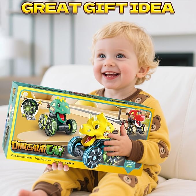 3 Pack Dinosaur Car Toys for Kids Toddlers, Light up Wheels Monster Truck Toys for Boys 2 3 4 5 6 7 8 Years Old Christmas Birthady Gifts Press & Go Dino Trucks Toy for Toddler Boy Baby