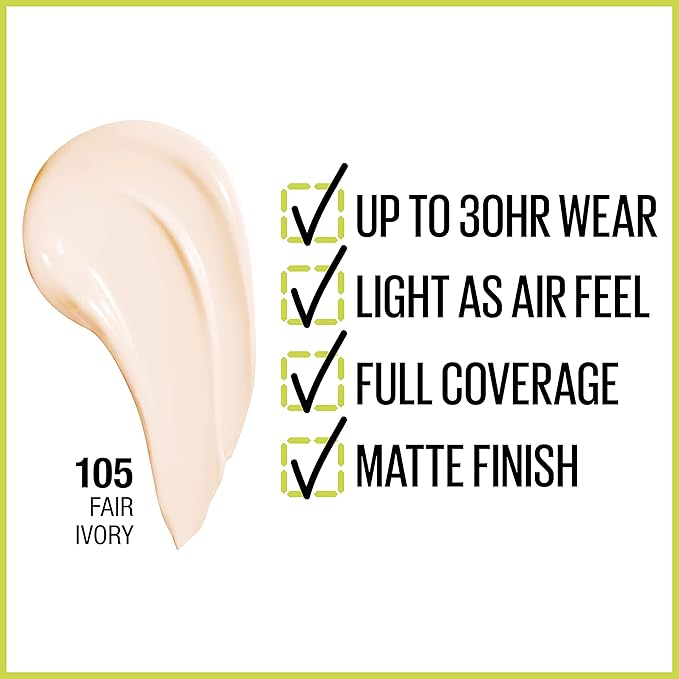 Maybelline Super Stay Full Coverage Liquid Foundation Active Wear Makeup, Up to 30Hr Wear, Transfer, Sweat & Water Resistant, Matte Finish, Fair Ivory, 1 Count