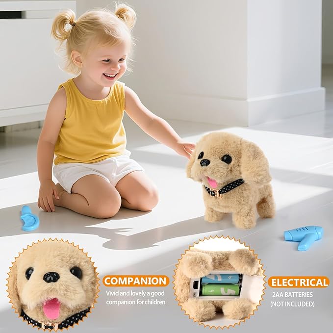 Electronic Interactive Plush Puppy - Battery Operated Mechanical Walking Little Pet Dog with a Cute Bag, Barking, Tail Wagging, Stretching Companion Animal for Toddlers & Kids (Yellow)