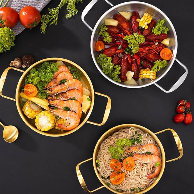 Korean Ramen Noodle Pot with Handles, Stainless Steel Stir Fry Pan Omelet Paella Pans Everyday Pan Korean Cooking Pot for Soup, Noodle, Pasta, Dishwasher Safe