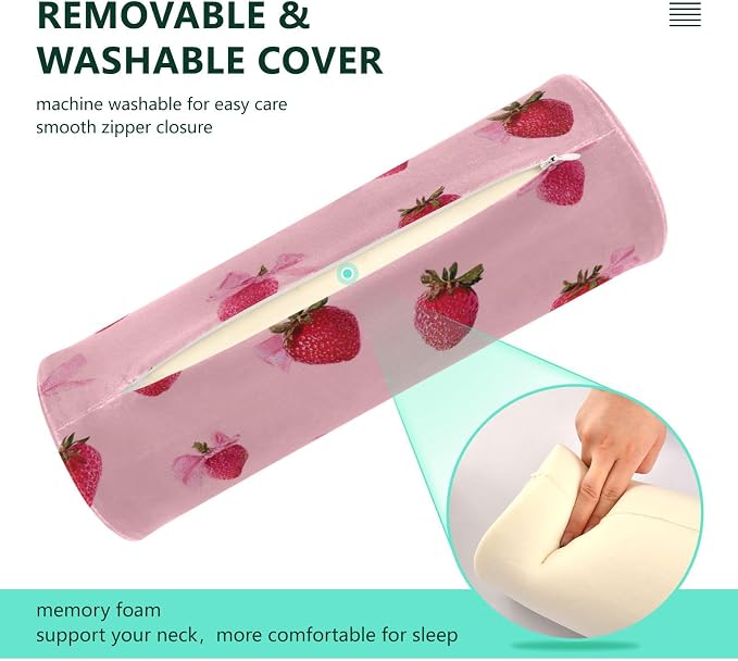Red Strawberry Bows Neck Roll Pillow Bolster Round Health Memory Foam Long Cervical Cylinder Pillows with Removable Washable Cover for Body Bed Legs Back Yoga