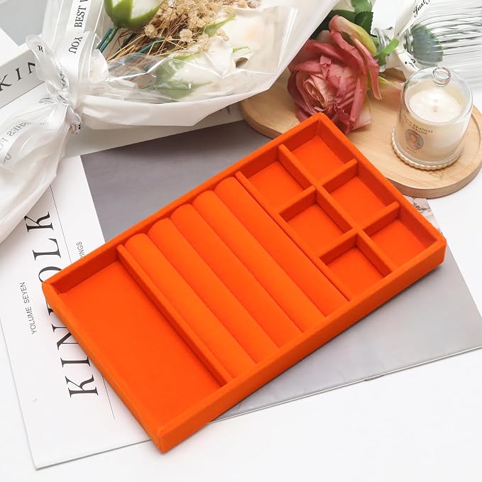 Velvet Jewelry Trays for Drawers, Orange 3-in-1 | Stackable Jewelry Drawer Organizer, Ring Earring Necklace Holder Organizer Storage Display Tray with Removable Dividers
