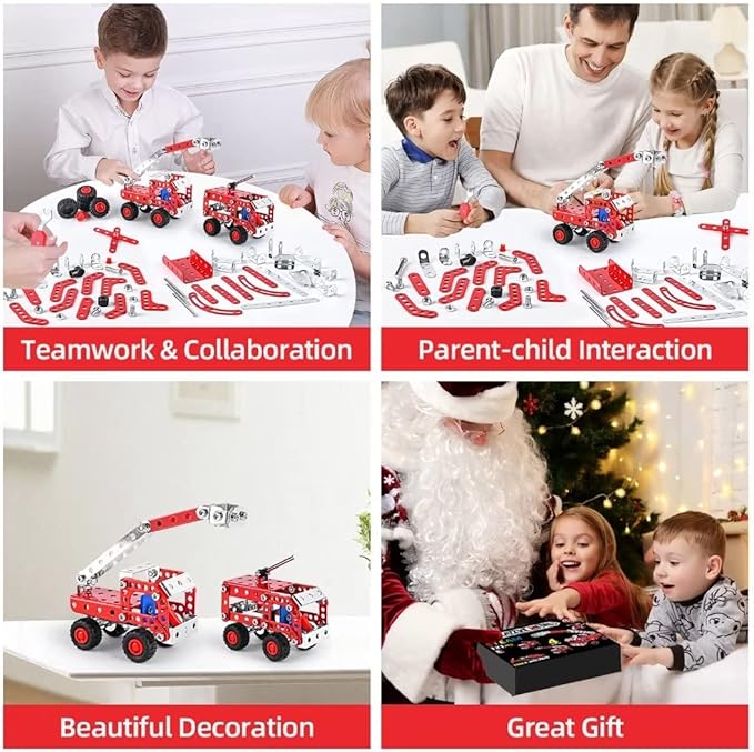Stem Building Toys for Boys Age 8-12,Creative Sets Fire Trucks Series Model Kit,Assembly Toys for Kids,Metal Building Blocks for Model 4 in 1 Fire Fighting Cars(121PCS)