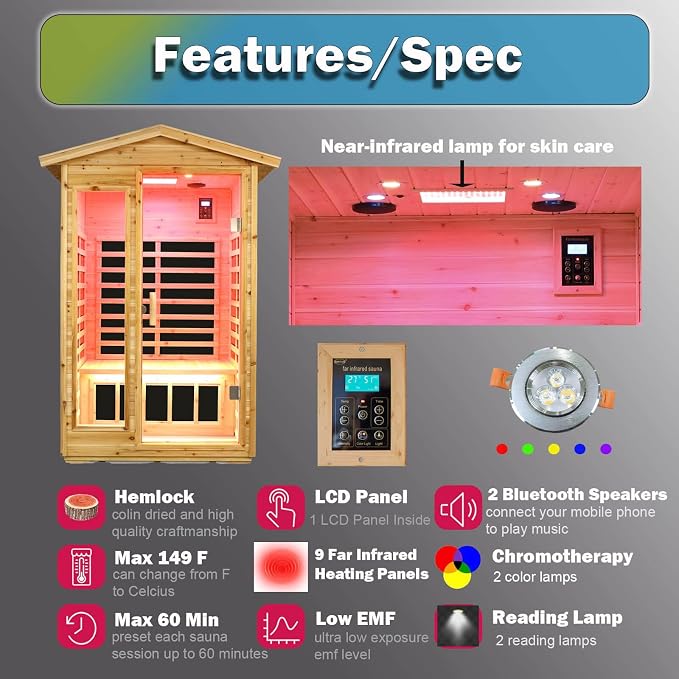 Upgraded Outdoor Sauna 902VSN Far Infrared Saunas, Outdoor Wooden Dry Sauna Low EMF Hemlock Wood (Upgraded Outdoor 2 Person)