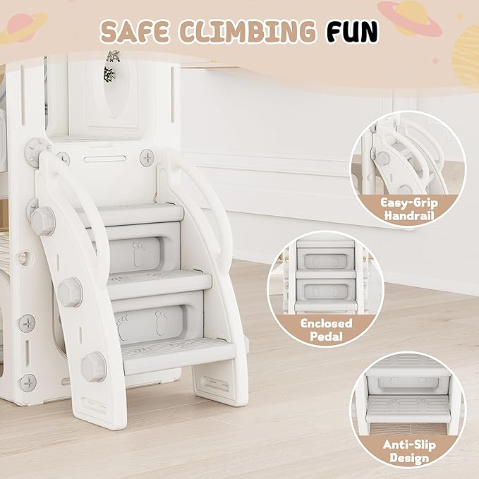 GITAWUSA 9 in 1 Toddler Slide Set Playground Indoor & Outdoor Fun for Kids & Babies Aged 1-3, Featuring Climbing Board, Basketball Hoop, Telescope, Storage Space and Non-Slip Steps, Gray & White