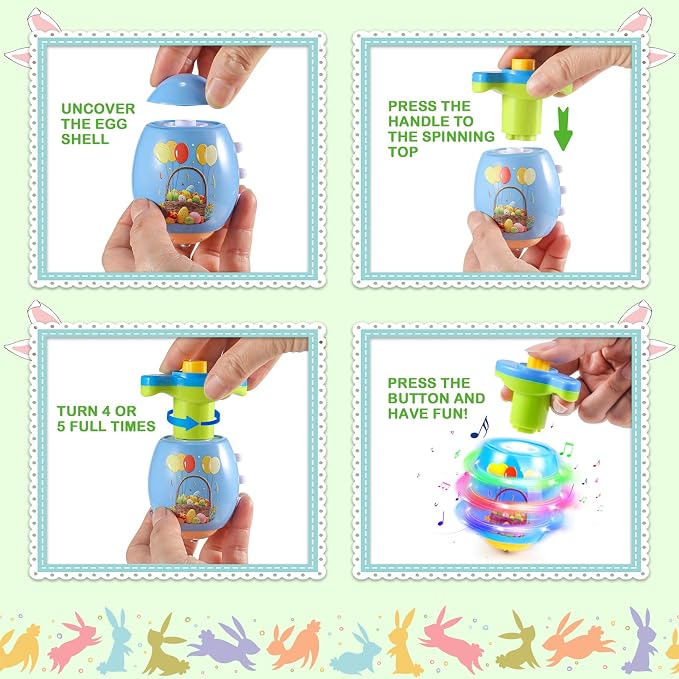 6 PCS Easter Basket Stuffers for Toddler Kids, Light Up & Singing Spinning Top with Flash, Easter Eggs Hunt Party Favor Toy Gifts, Kids Goodie Bag Fillers, Easter Gifts for Boys Girls 3+, Decorations