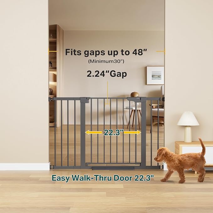 Cumbor 30-48" Baby Gate for Stairs and Doorways, Mom's Choice Award Winner, Pressure Mounted Dog Gate Indoor with Self-Closing Walk Through Door, Easy Install, Double-Lock Design, Cool Gray
