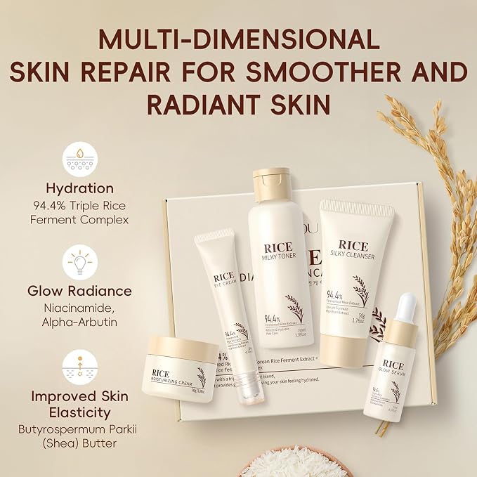 Korean Rice Radiance Skincare Set, 5 Piece Moisturizing Rice Skin Care | Silky Cleanser, Milky Toner, Glow Serum, Eye Cream, Moisturizing Cream
