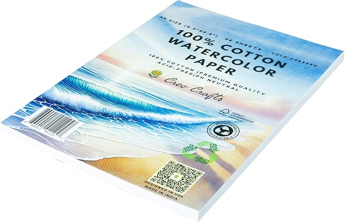Creo Crafts 100% Cotton Watercolor Paper Pad 8x5” – 36 Sheets, A5, Cold Pressed, Acid-Free, pH Neutral, Premium Artist-Grade Paper for Painting, Drawing & Mixed Media