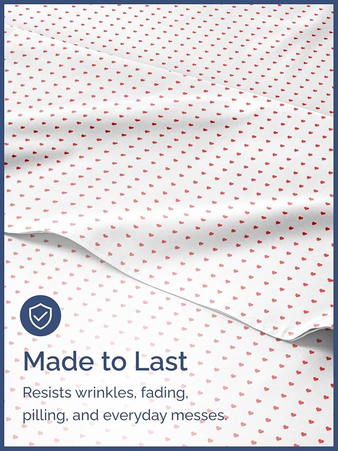 Kids Queen Size Bed Sheet Set - 4 Piece Kids Loft Bed Sheets - Soft, Cute and Cozy - Comfy, Breathable and Machine Washable - Easy-Care & Wrinkle Free Hearts Bed Set for Boys, Girls, Teens & Toddlers