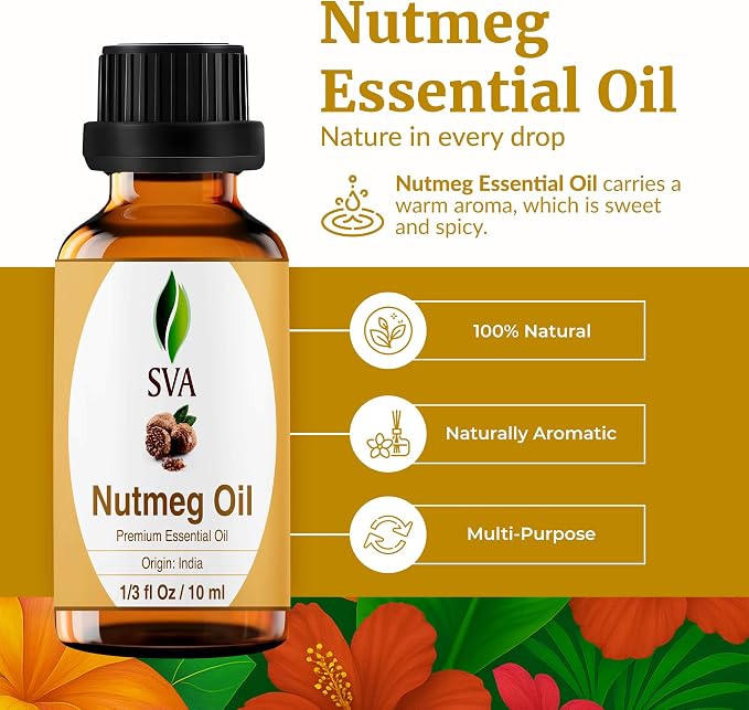 SVA Nutmeg Essential Oil 1/3 Fl Oz – for Diffuser, Skin & Hair Care – Ideal for Massage & DIY Blends - with Dropper
