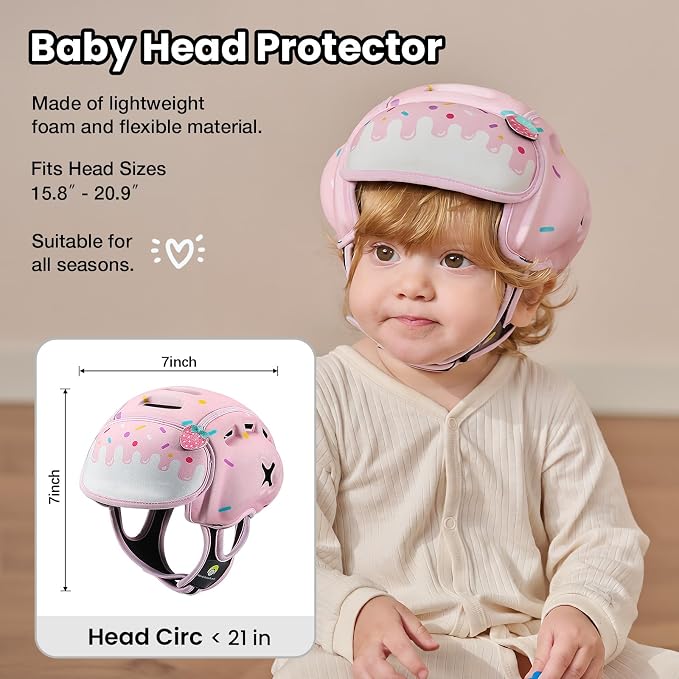 Baby Head Protector Baby Helmet for Crawling and Walking - No Bumps and Soft Safety Peak - Ultra Light and Adjustable Baby Head Protector Suitable for Babies 6-24 Months-Sweet