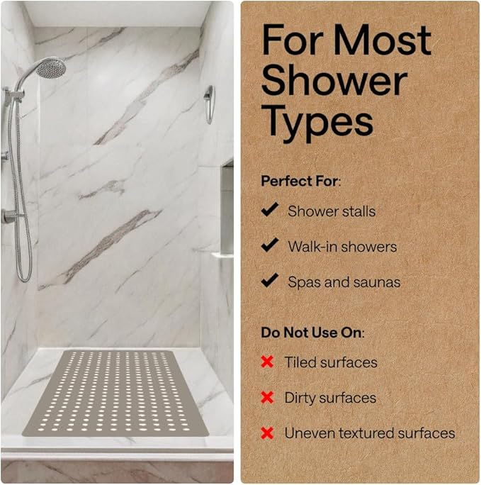 GORILLA GRIP Patented Square Shower Stall Mat, Small Bathtub Floor Mats for Stand Up Showers, Suction Cups and Drainage Holes, Machine Wash, Soft on Feet, Bathroom Accessories 21x21 Inch, Beige Opaque