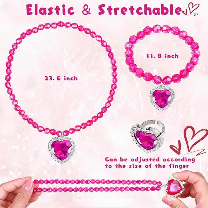 Princess Jewelry Set for Girls with Colorful Necklace Bracelets Rings Earrings Birthday Gifts Party Favors Pretend Play Dress up Costume Friendship Jewelry for Toddler Girls (Heart)