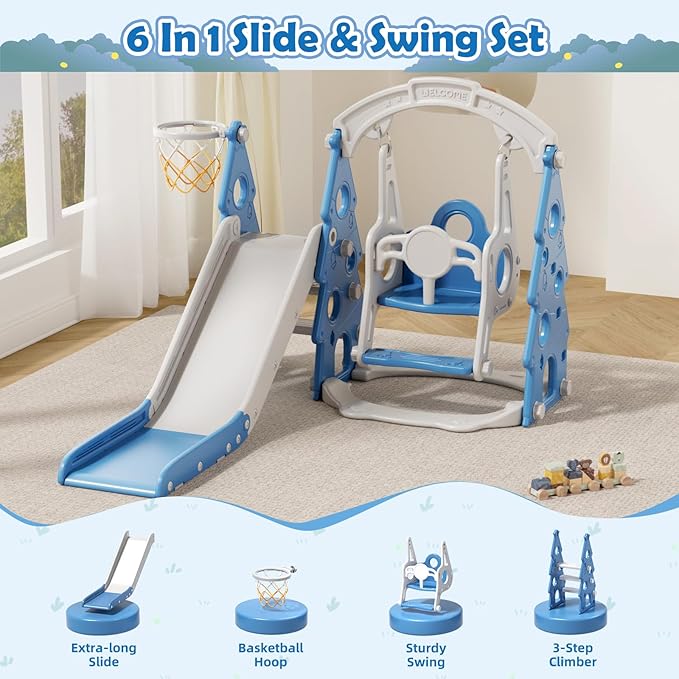 KORIMEFA 4-in-1 Kids Slide and Swing Set, Toddler Slide with Basketball Hoop, Swing, Outdoor Indoor Playground for Toddlers 1-3 Pine Shape Design(4 in 1-Blue)