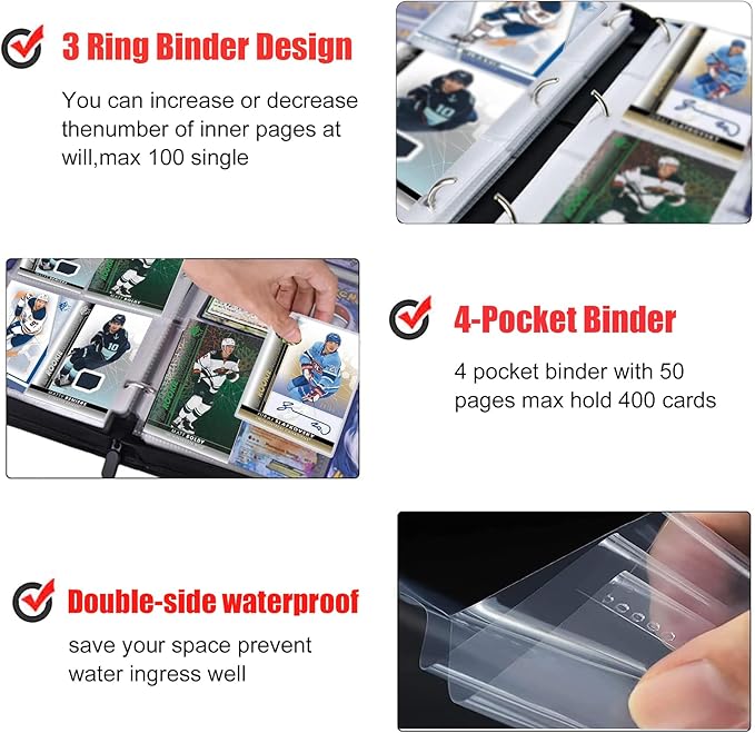 400 Pockets Hockey Card Binder for Hockey Trading Cards 2024 2025 2026 Collectors,Portable Waterproof Card Storage Book with Removable Sleeves,Compatible with Hockey,Football,Sports Game and TCG Cards
