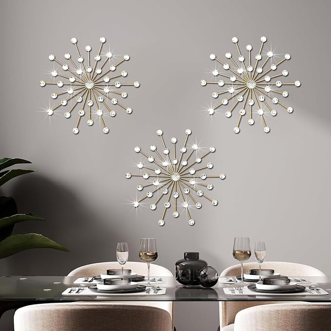 ZEXUIRU 3 Set Gold Starburst Wall Art for Home Decor Metal Bling Crystal Rhinestones Sunburst Wall Decor Sparkling Rhinestone Art Accent Gold - 18in