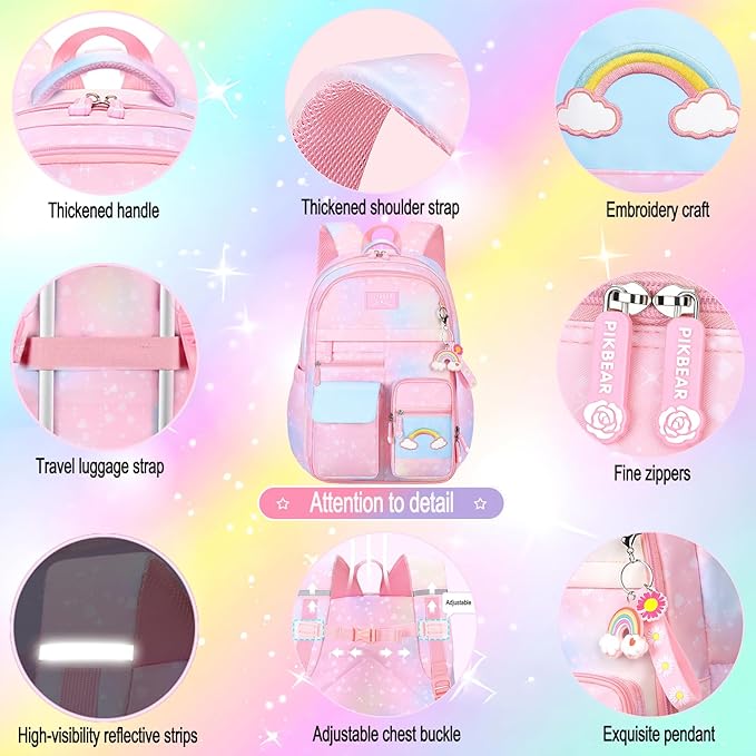 3Pcs Kids Backpack For Girls,Cute Rainbow Student School Backpack With Lunch Bag Pen Bag Set (Purple Medium 16.5in