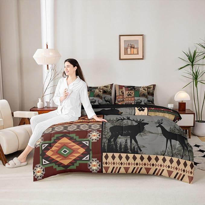 Feelyou Rustic Cabin Bear Deer Comforter Set with Sheets 7 Piece King Size Wild Animal Bedding Set for Kids Boys Girls Hunting Theme Bed in a Bag Western Farmhouse Room Decor Soft Microfiber