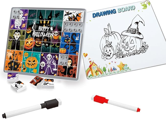 Anzikfoy 48 Piece Toy Building Jigsaw Puzzle Sets, 2 in 1 Halloween Theme Boys Girls Puzzles Building Block with Reusable Drawing Board Set for Toddlers Ages 1-3 and Kids 3+ Year Old