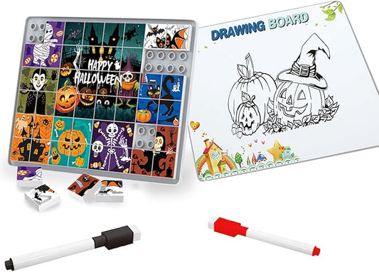 Anzikfoy 48 Piece Toy Building Jigsaw Puzzle Sets, 2 in 1 Halloween Theme Boys Girls Puzzles Building Block with Reusable Drawing Board Set for Toddlers Ages 1-3 and Kids 3+ Year Old