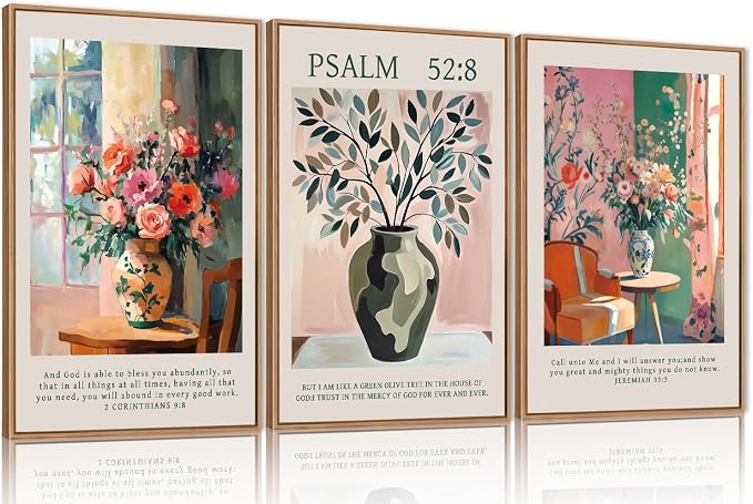 FWIEXA Christian Bible Verse Canvas Wall Art Set, Easter 3 Piece Religious Scripture Framed Wall Decor, Jesus Floral Painting Artwork, 16x24 Inches Modern Biblical Pictures Prints for Living Room, Bedroom, Women, Rustic Farmhouse