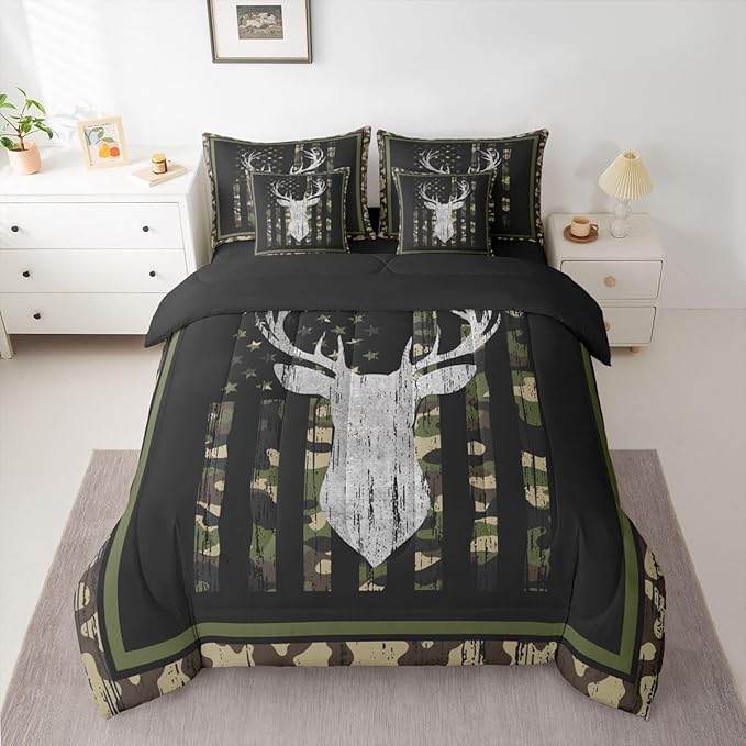 Feelyou Deer Hunting Camo Comforter Set Twin Size 7 Pieces Green Camouflage Camo Bedding Set American Flag Bed in a Bag with Comforter, Sheets, Pillowcases, Cushion Covers Wild Animal Bedroom Decor