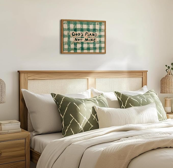 Framed God's Plans Not Mine Canvas Wall Art, Inspirational Faith Quote Pictures Wall Decor, Green Gingham Paintings Prints Christian Home Decor for Living Room Bedroom Dorm Office 16x24 inch